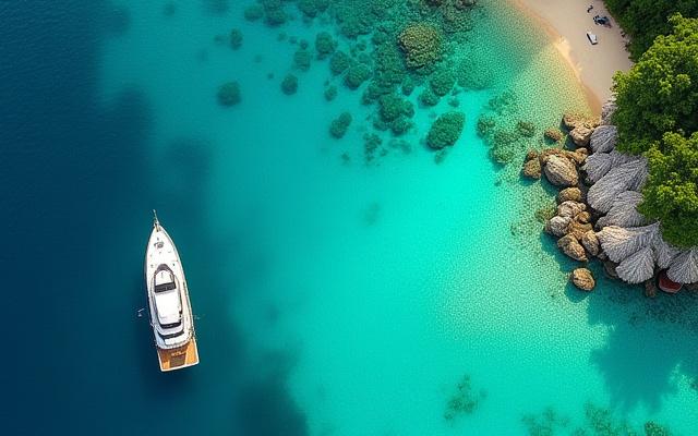 Vue aérienne d'une crique isolée avec un yacht ancré, entourée de falaises verdoyantes